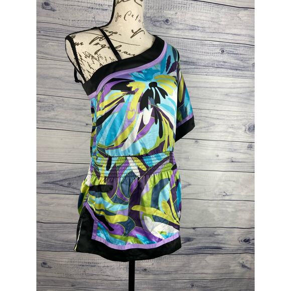 Iz Byer One Shoulder Blouson Top Womens S Smock Waist Side Slits Colorful Tunic - Picture 5 of 12